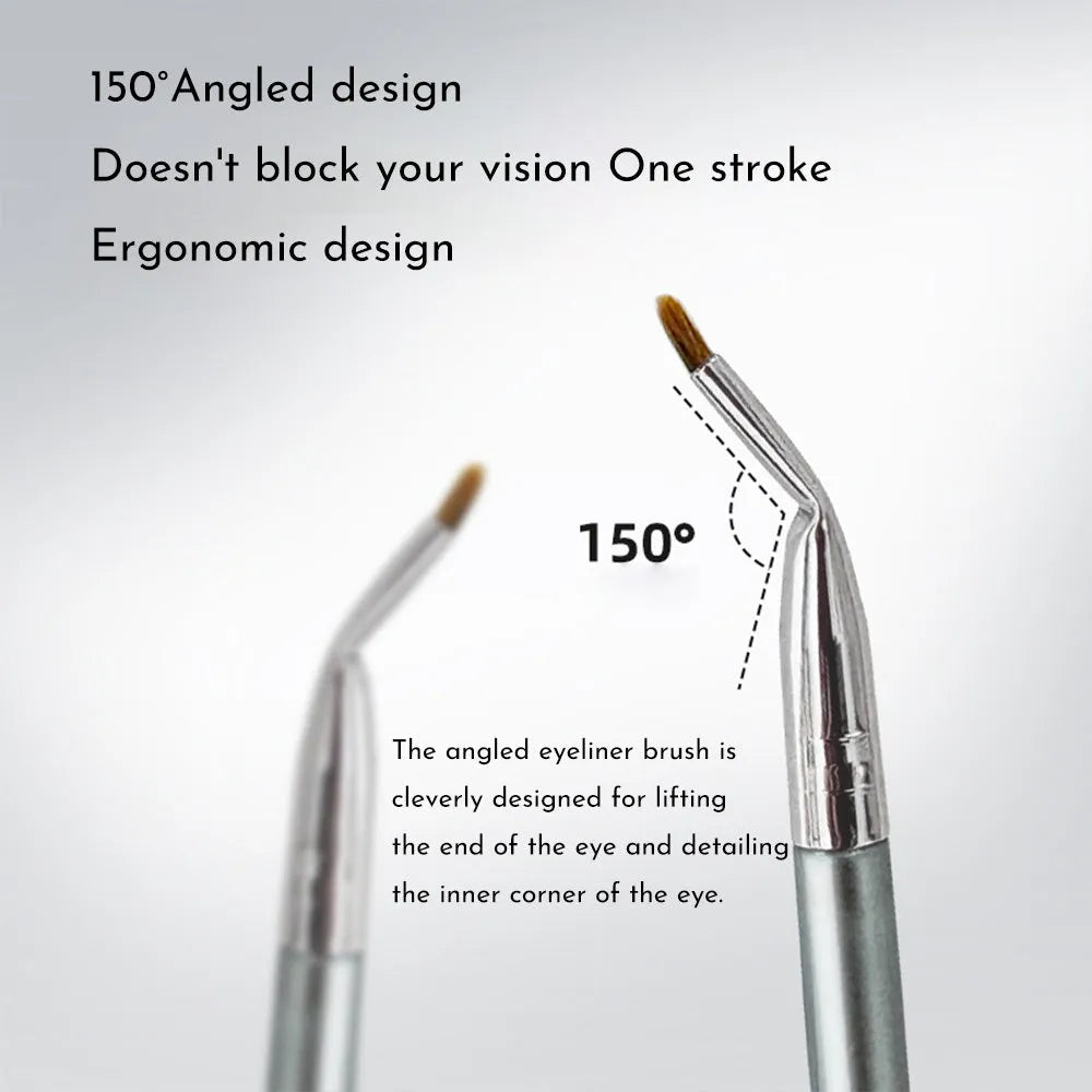 Angled bent head fine tip synthetic eyeliner and concealer makeup brush on a white background.