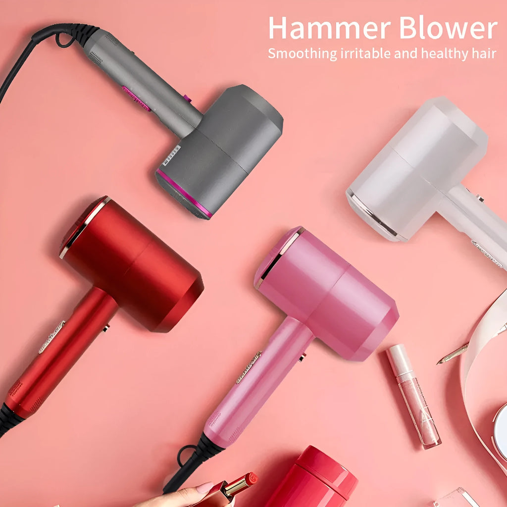 Hotel hammer hair dryer with dual voltage 1800/2000W, three speed settings, two air nozzles and one diffuser nozzle, available in Grey