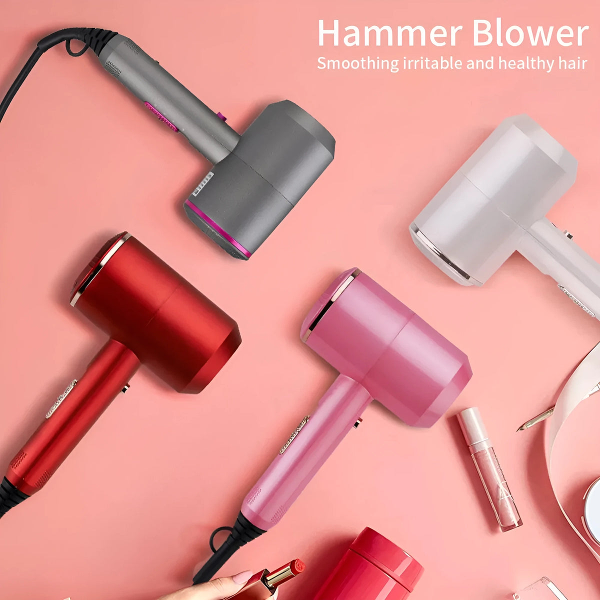 Hotel hammer hair dryer with dual voltage 1800/2000W, three speed settings, two air nozzles and one diffuser nozzle, available in Grey