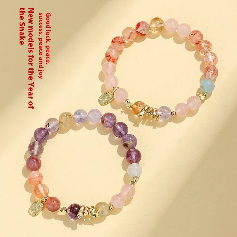 Lucky snake crystal bracelet for women with plastic flower beads in amethyst, pink, and citrine colour variants