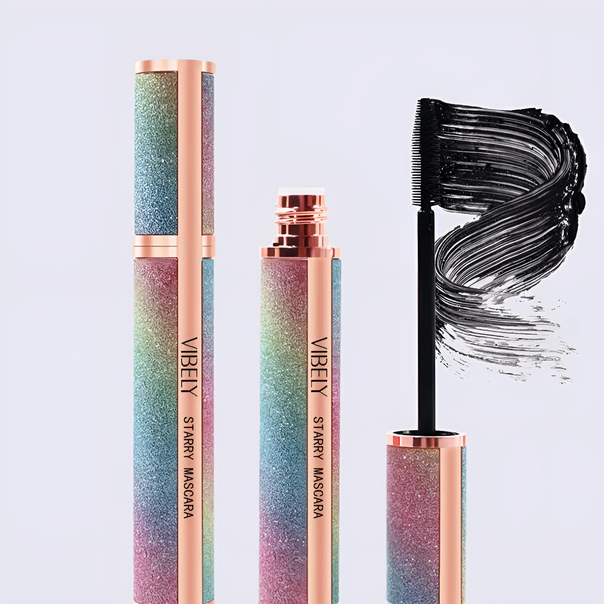 Black 4D waterproof mascara wand with English packaging for long, thick, curling lashes.