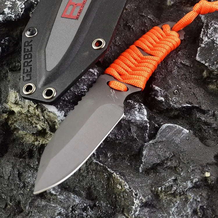 BG197 outdoor camping knife with a straight blade, rope handle, and black ABS plastic sheath.