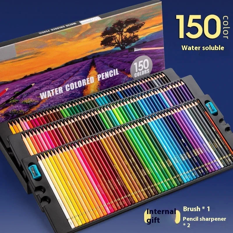 Water-soluble oily colour brush pencil set with wood shell, box, brush, and sharpeners, 120 colours