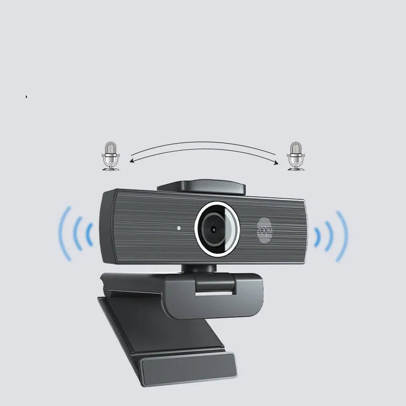 Black USB webcam with magnetic privacy cover showing 8MP 4K resolution and auto focus features
