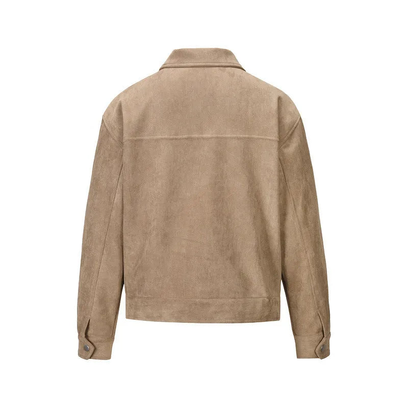 Thickened zip-front men's jacket in camel colour with large pockets and slim fit.