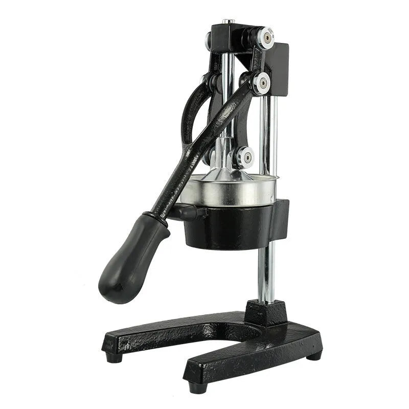 Black and white manual cast iron citrus juicer with stainless steel funnel, 40cm tall.