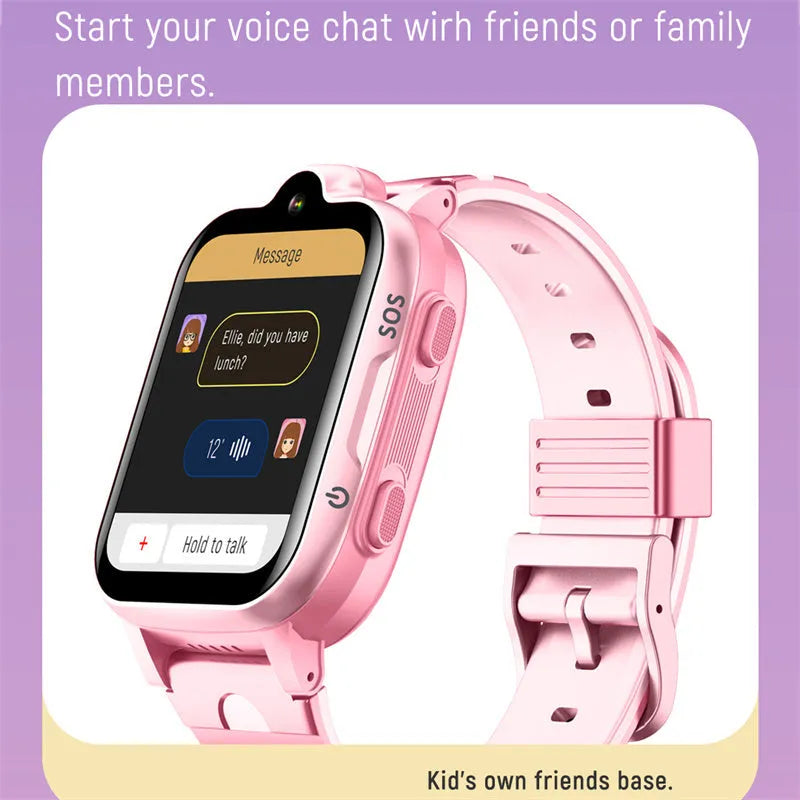 Children's 4G GPS locator video call watch with 1.66-inch touch screen, silicone strap, available in pink, blue, and black