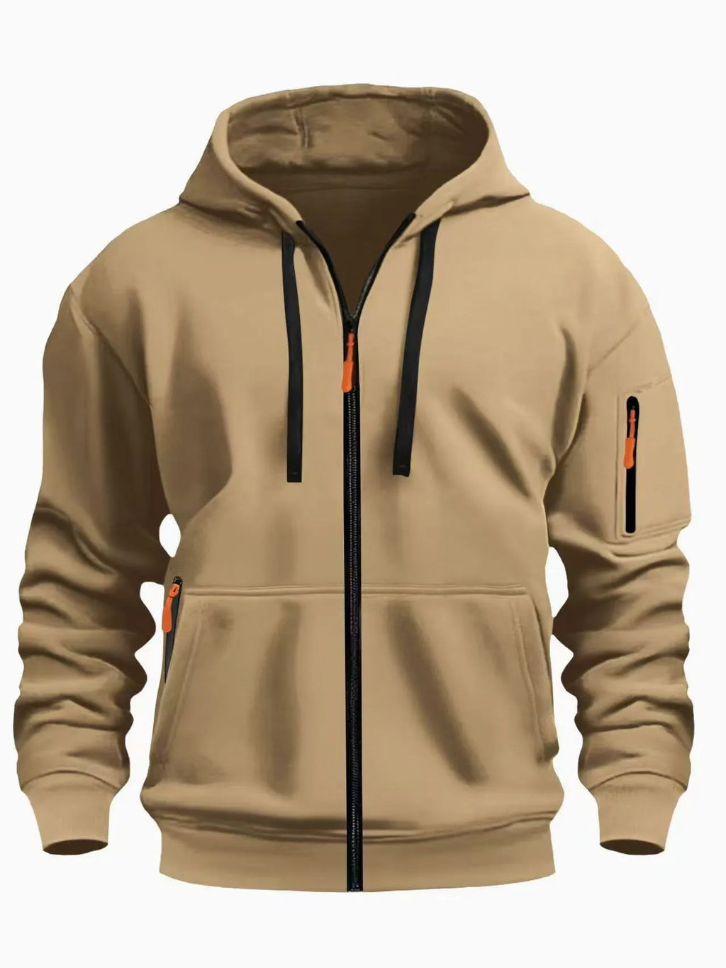 Men's zip-front hooded cardigan coat with wool lining in Army Green colour