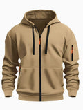 Men's zip-front hooded cardigan coat with wool lining in Army Green colour