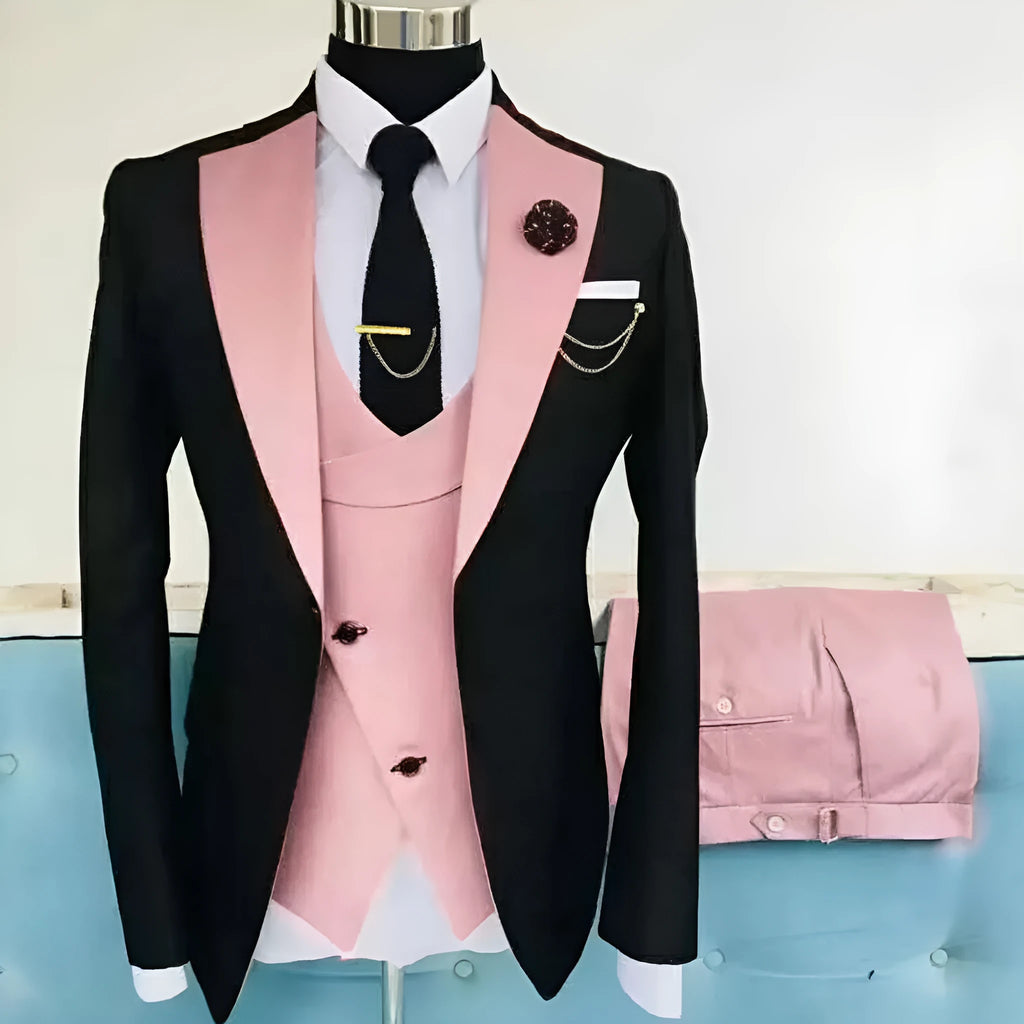 Men's slim fit three-piece cotton suit with coat, vest, and trousers for formal occasions