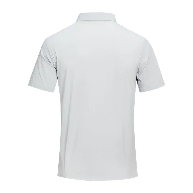 Light luxury polo shirt in quick-dry fabric showing slit design detail and solid colour options