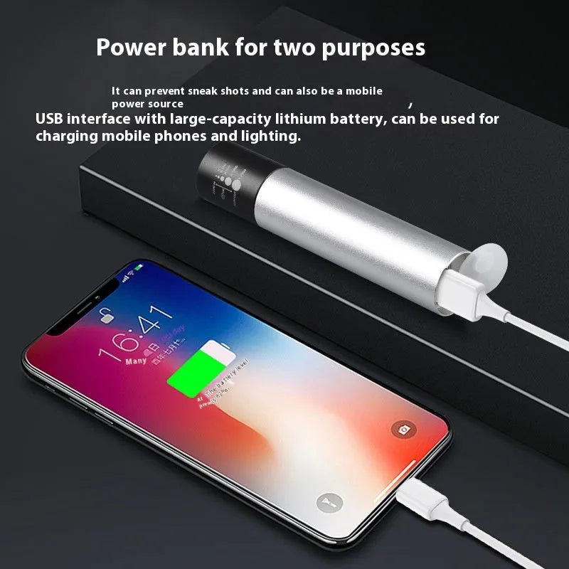 Black and silver aluminium red light therapy mosquito repellent lamp with USB charging port.