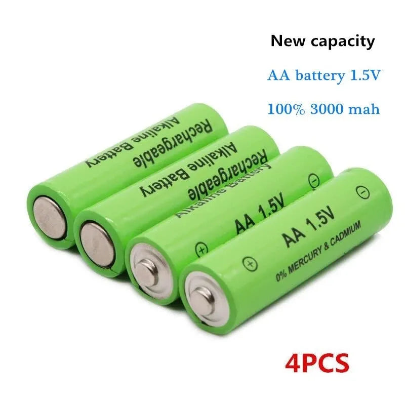 Green AA alkaline rechargeable battery labelled 3000mAh 1.5V.