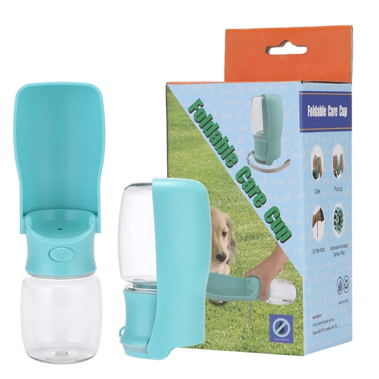 Blue foldable plastic dog water bottle and drinking bowl dispenser shown unfolded.