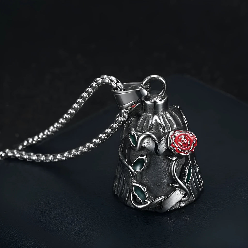 Titanium steel motorcycle riding lucky bell with polished vintage finish and double-sided epoxy rose design