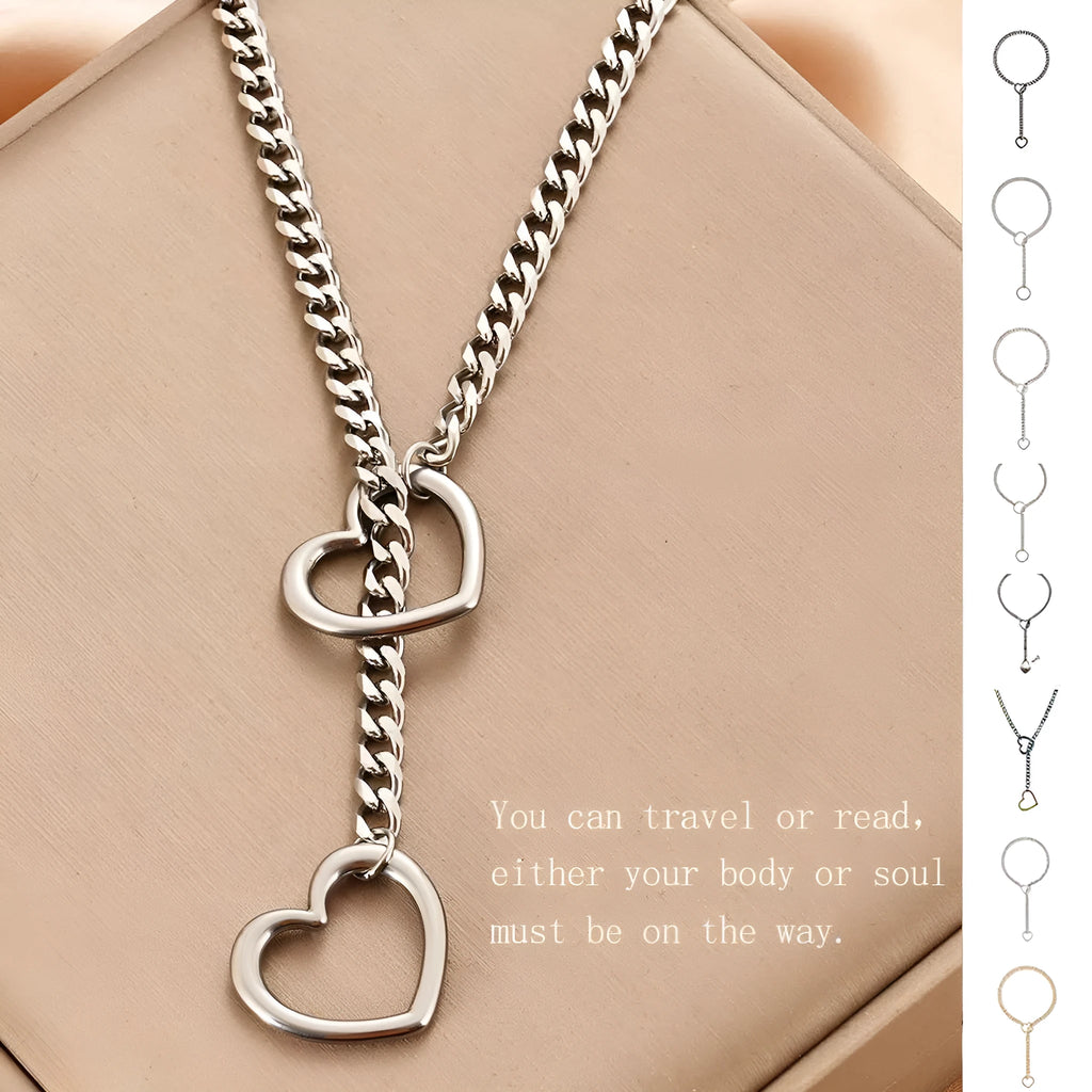 Stainless steel lariat heart necklace with long regular chain in steel, gun black, or gold