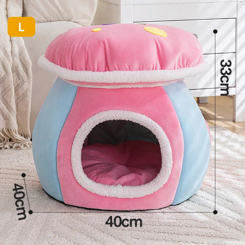 Grey mushroom-shaped cat bed made of thick plush, with a removable blanket inside.