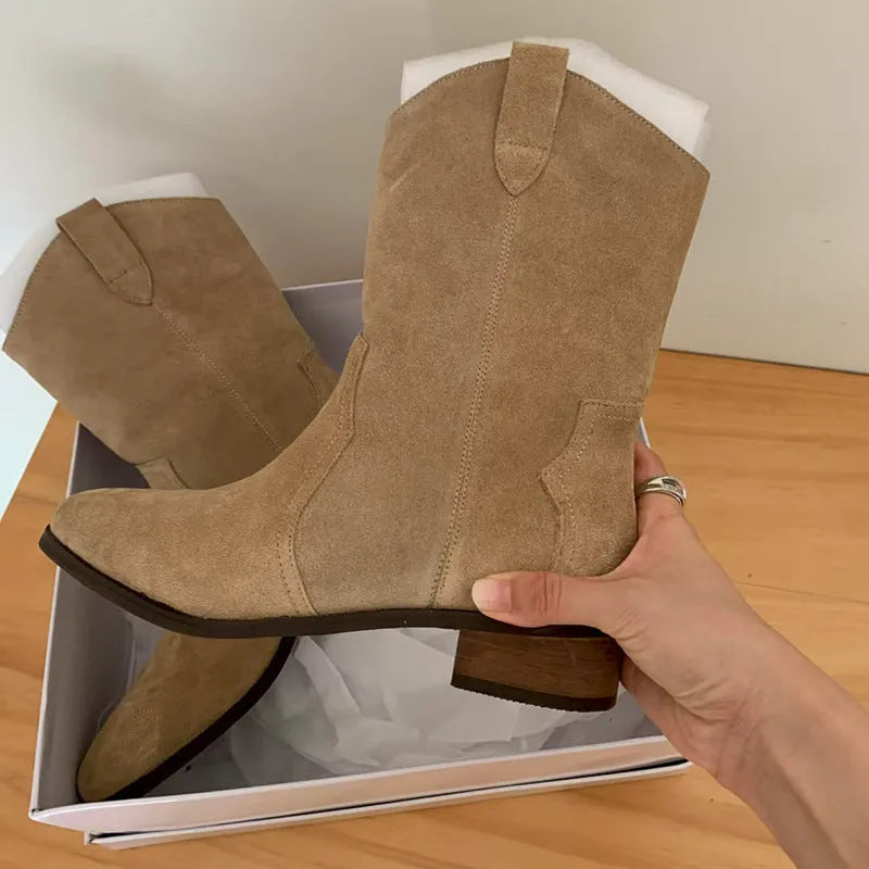Khaki women's pointed toe chunky heel western cowboy boots with cowhide upper and stitching details