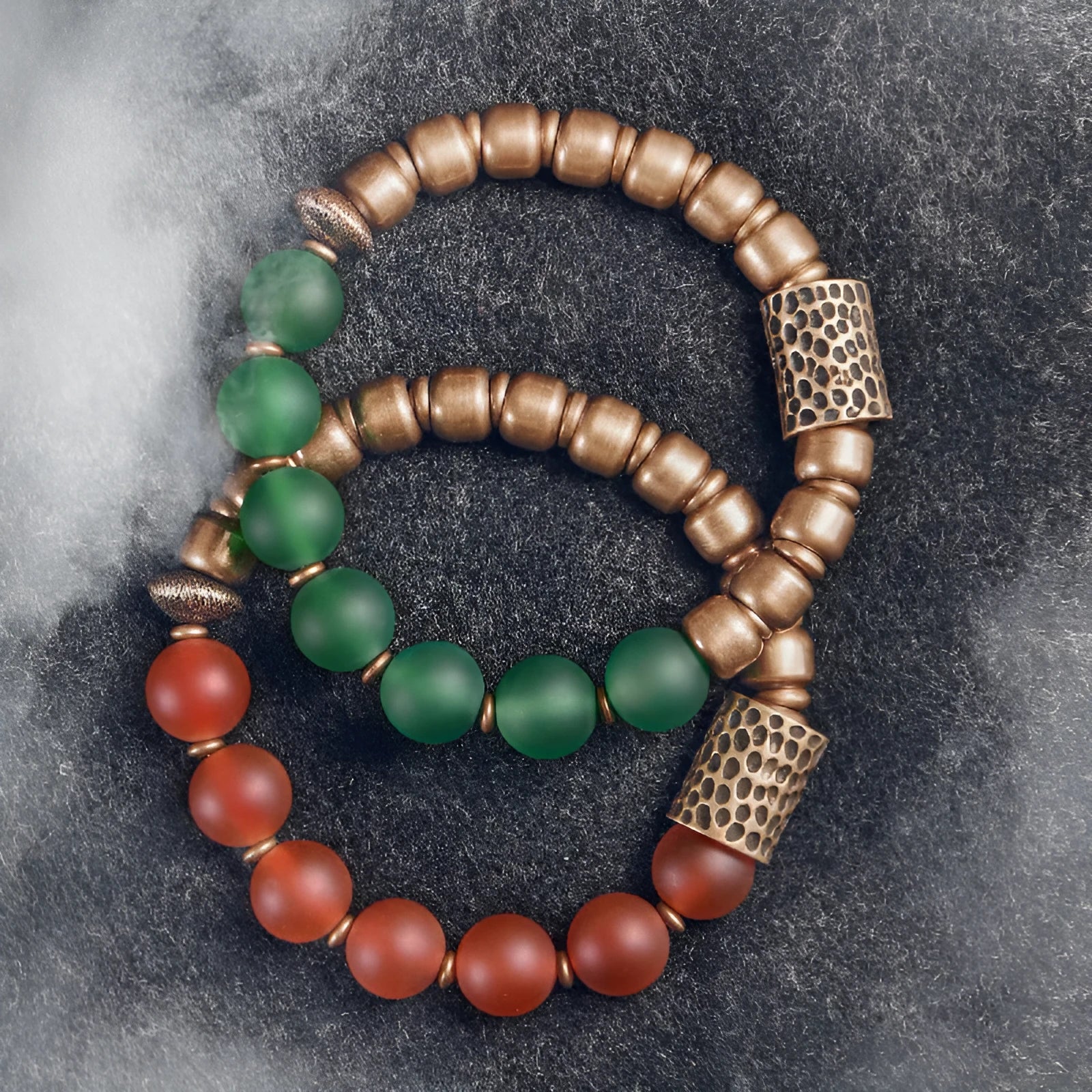 Retro ethnic style couples bracelet made from natural crystal and green agate stone beads.