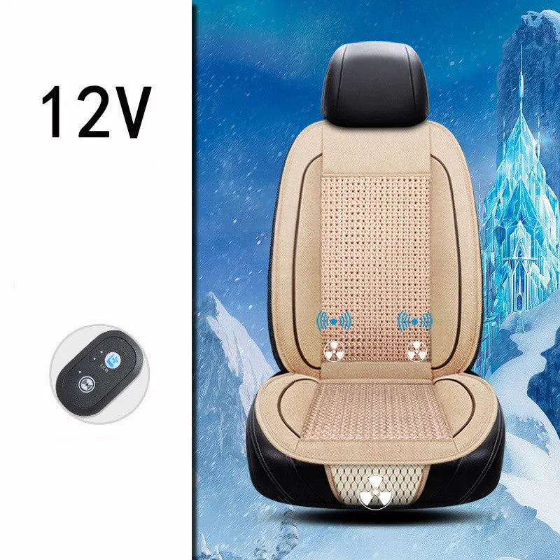 Car ventilation seat cushion in minimalist design showing 60x60cm dimensions with power cord