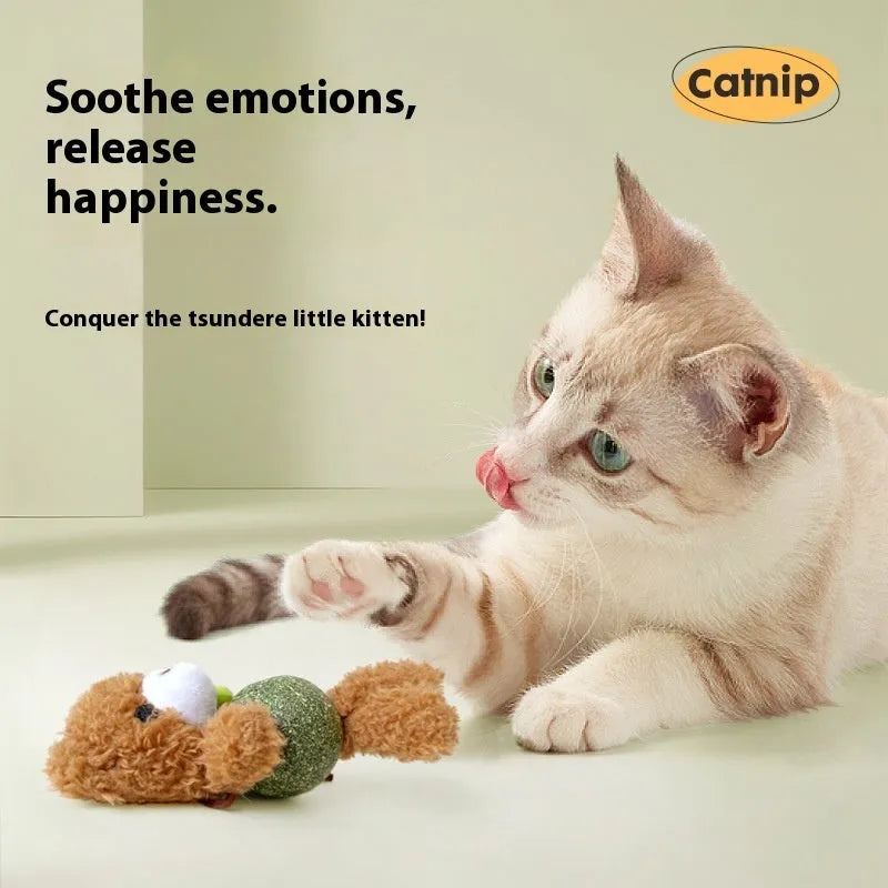 Plush catnip ball toy with bell in animal designs including brown bear and green frog