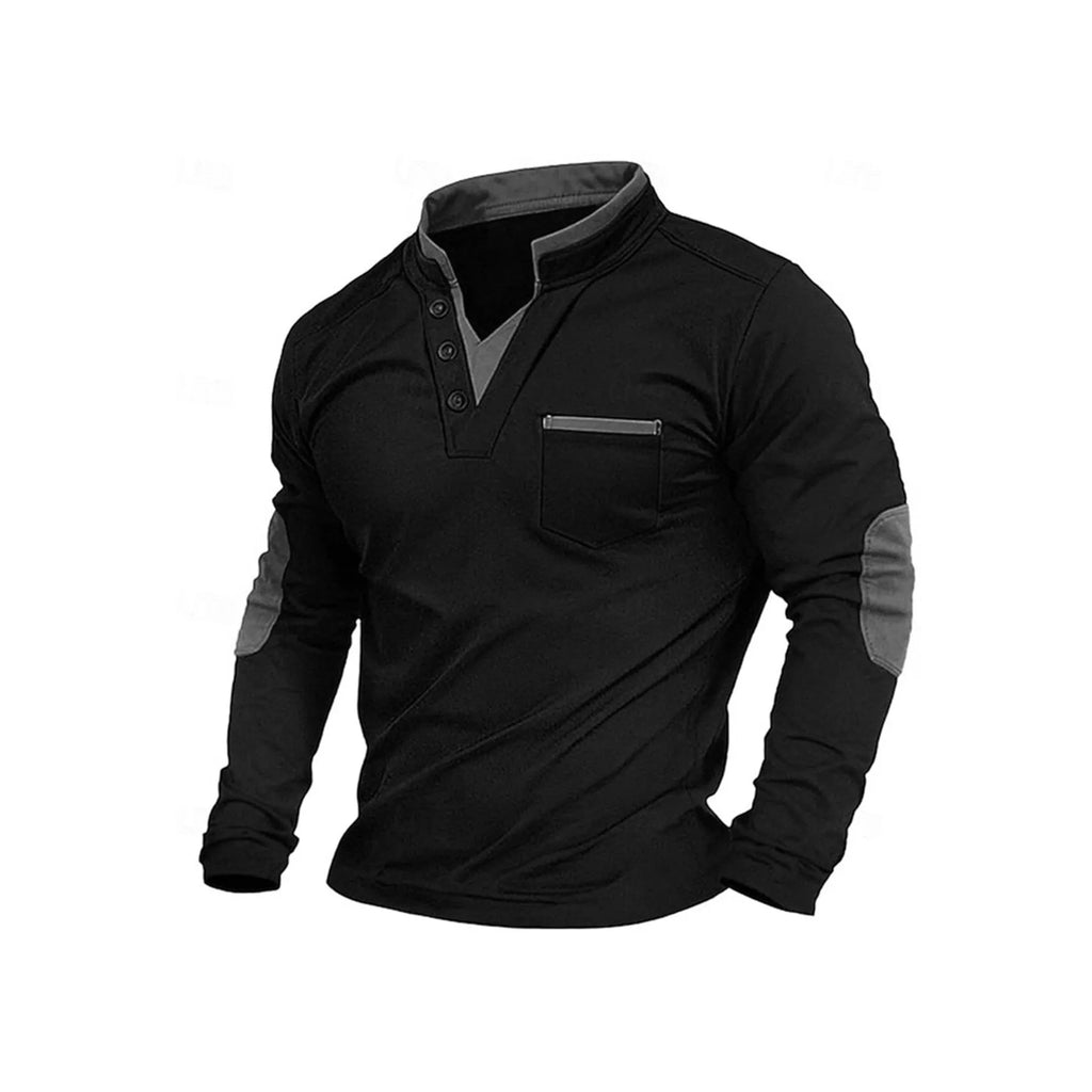 Men's stand collar long-sleeved stitching pullover sweater in solid colour chemical fibre blend