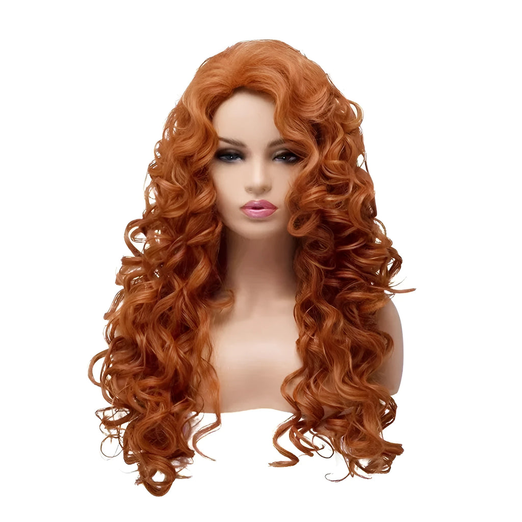 Brown long wavy curly synthetic wig on wig head for Halloween cosplay