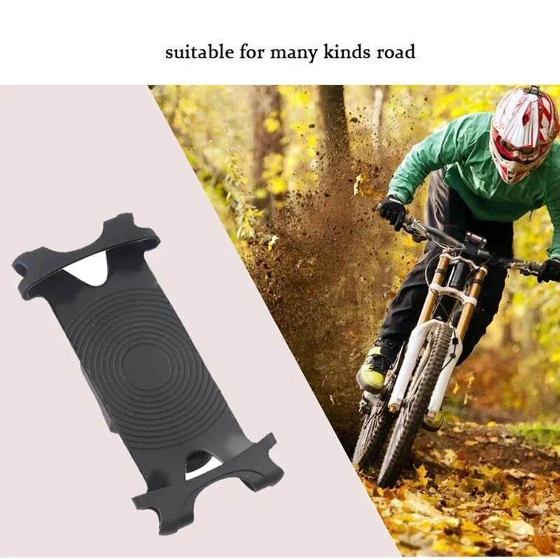 Silicone bicycle phone holder mounted on handlebar showing three-hole adjustment system