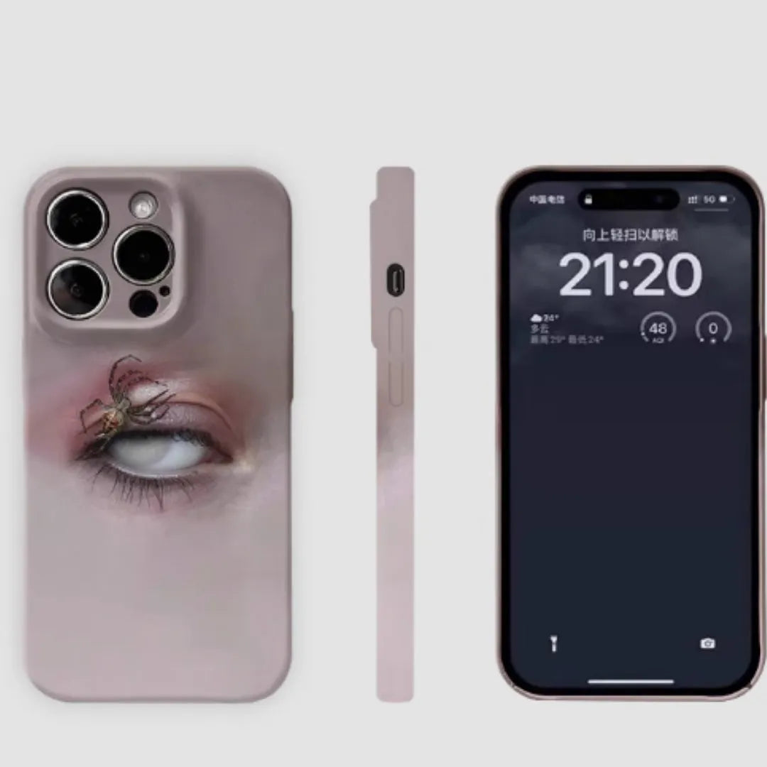 Dark heterochromatic spider pattern resin phone case for iPhone, shown in frosted colour option.