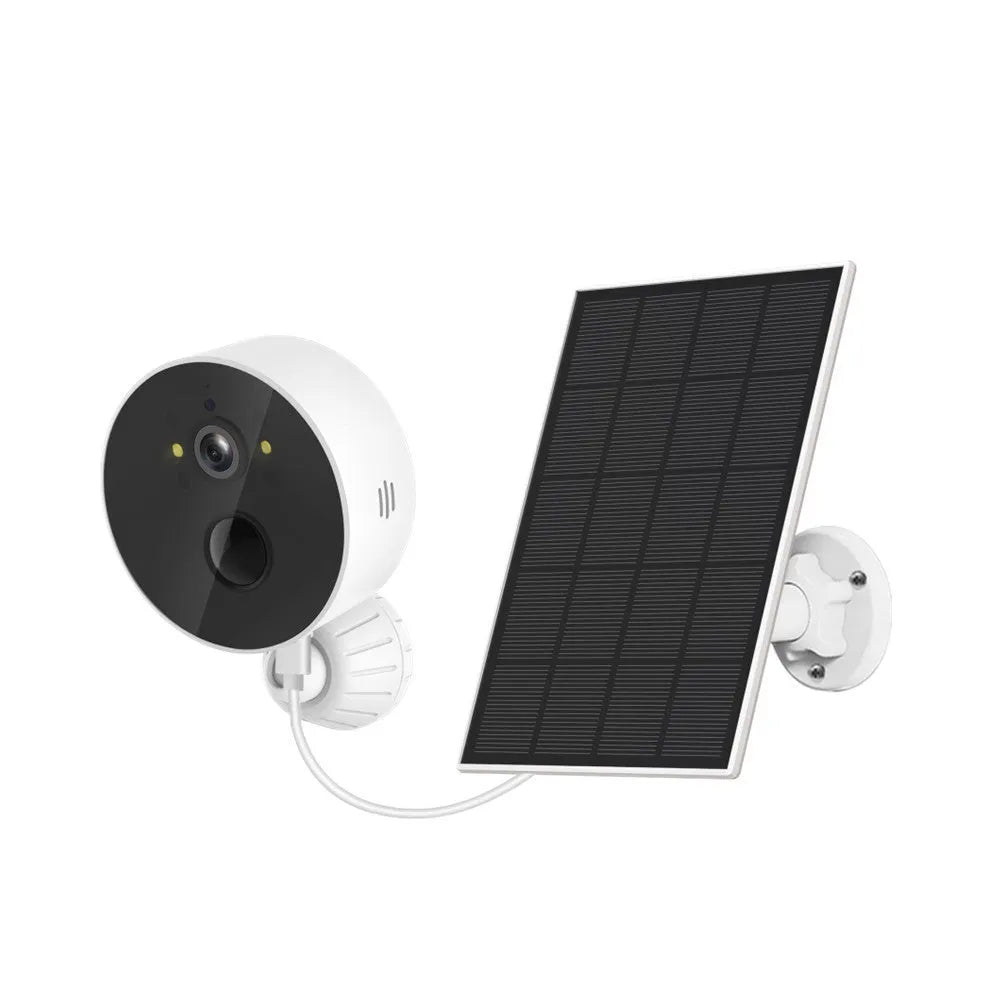 Outdoor solar-powered security camera and separate solar panel on a white background.