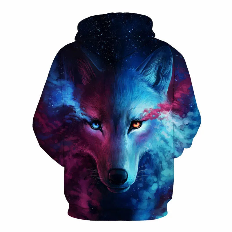 Men and women wearing a galaxy wolf print sweatshirt, long sleeve unisex pullover in black with starry space design