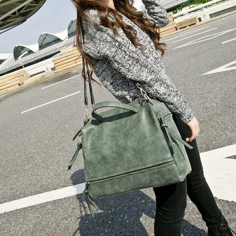 Retro matte leather shoulder bag in Army Green with adjustable long strap and multiple zipper pockets