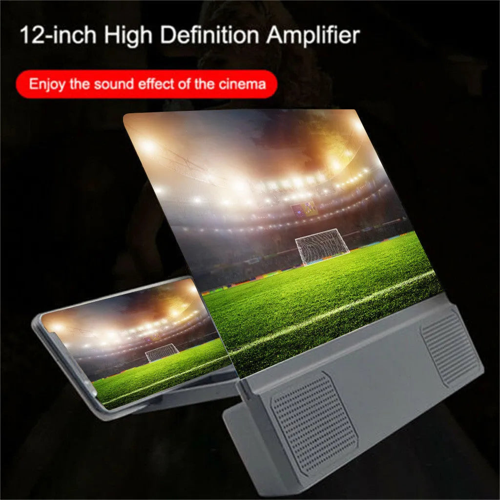 Smartphone screen amplifier with 12-inch lens and flexible gooseneck stand on a table