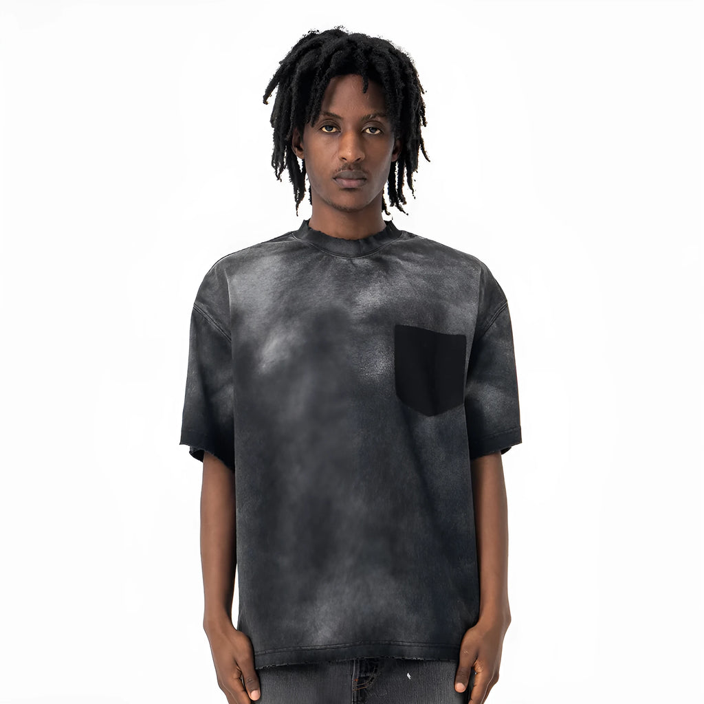 Men's black oversized cotton t-shirt with printed white letter design and drop-shoulder short sleeves