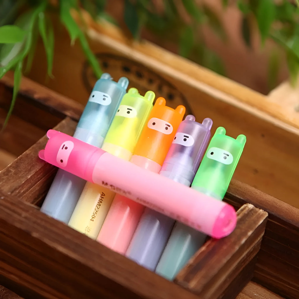 Six colour highlighter set showing yellow, pink, blue, green, orange, and purple pens with oblique tips