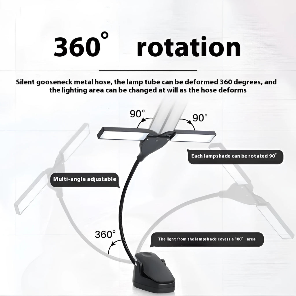 Black rechargeable music stand light with 28 LEDs on a metal music stand.