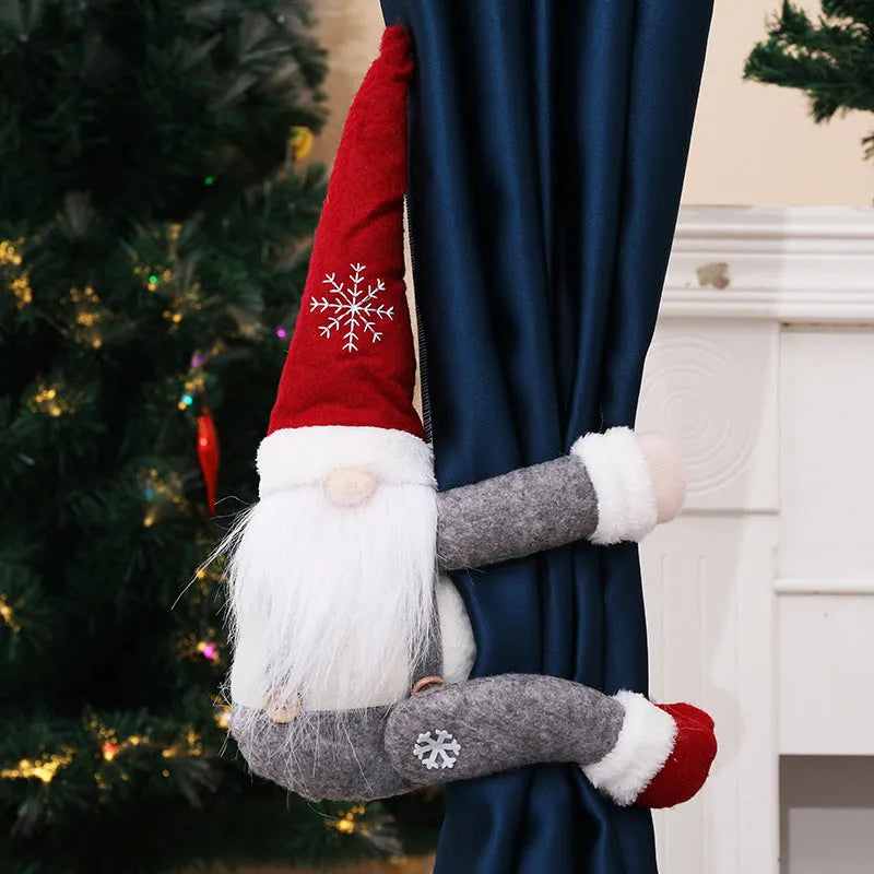 Fabric curtain buckle forest old man side hugging design with snowflake hat and beard 51x22cm