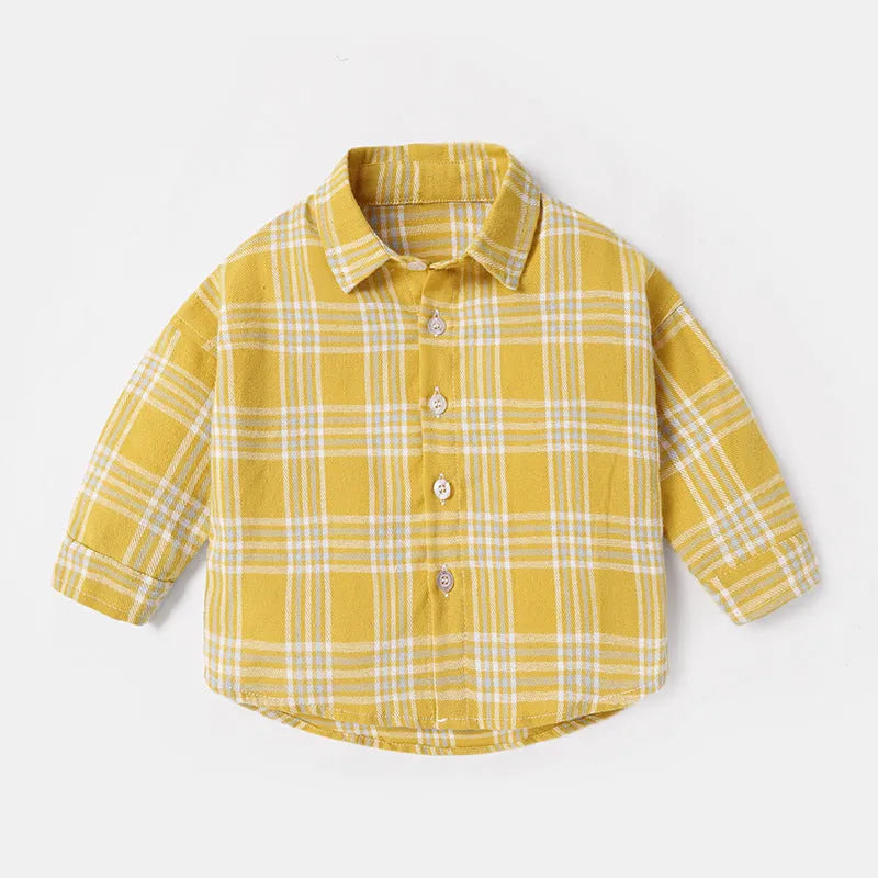 Boys' cotton lattice pattern long sleeve shirt in khaki colour for spring and autumn wear