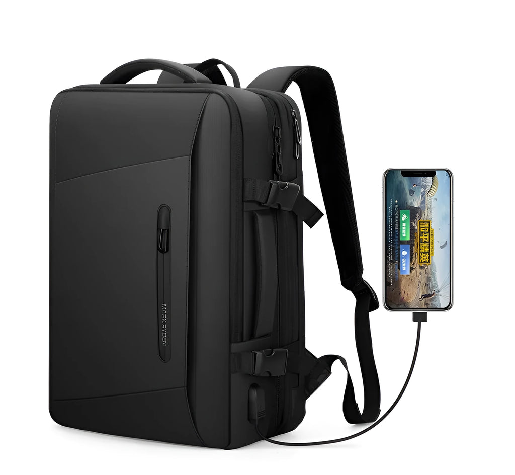 Large 36-55L men's backpack with zip opening and internal pockets, in black