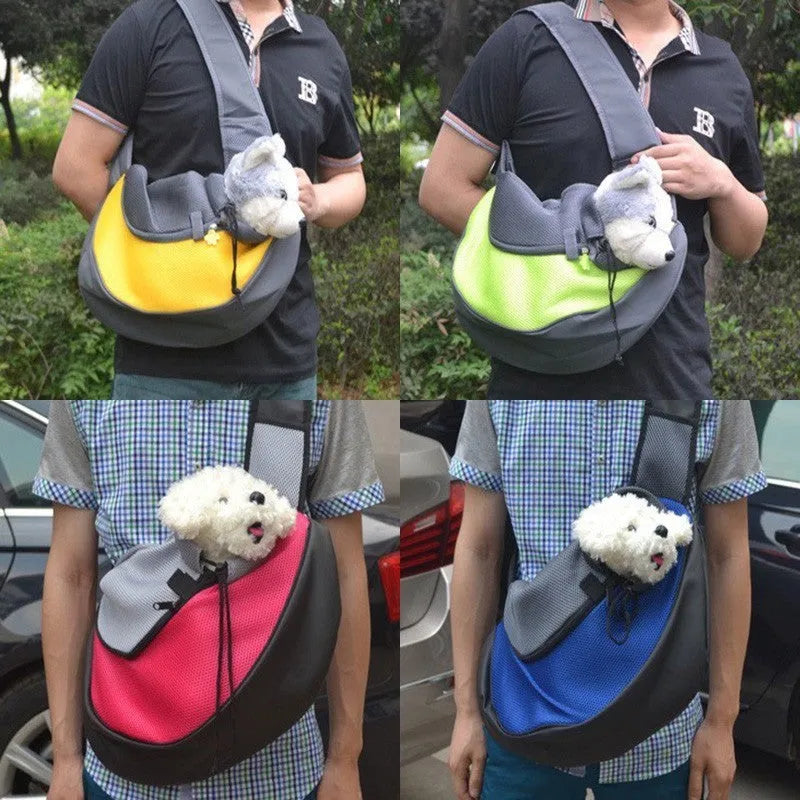 Blue pet backpack carrier for a small dog, showing backpack straps and mesh panel.