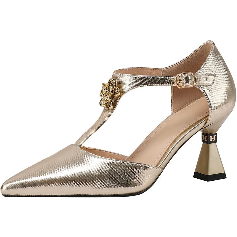 Women's genuine leather sandals with hollowed design in gold colour