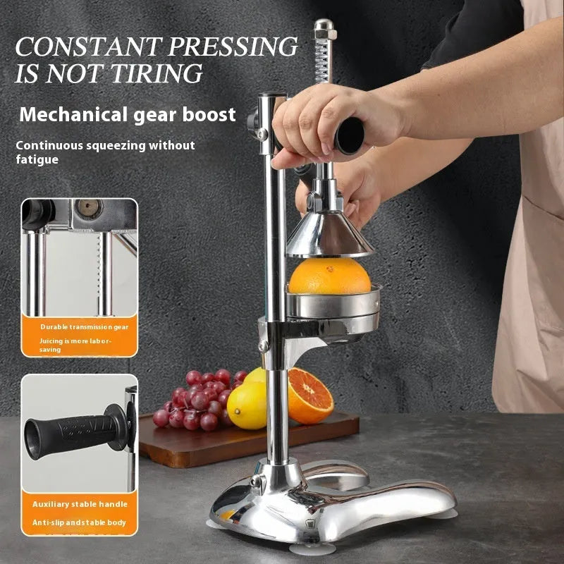 Vertical stainless steel manual citrus juicer in a choice of colours and head styles on a kitchen counter.