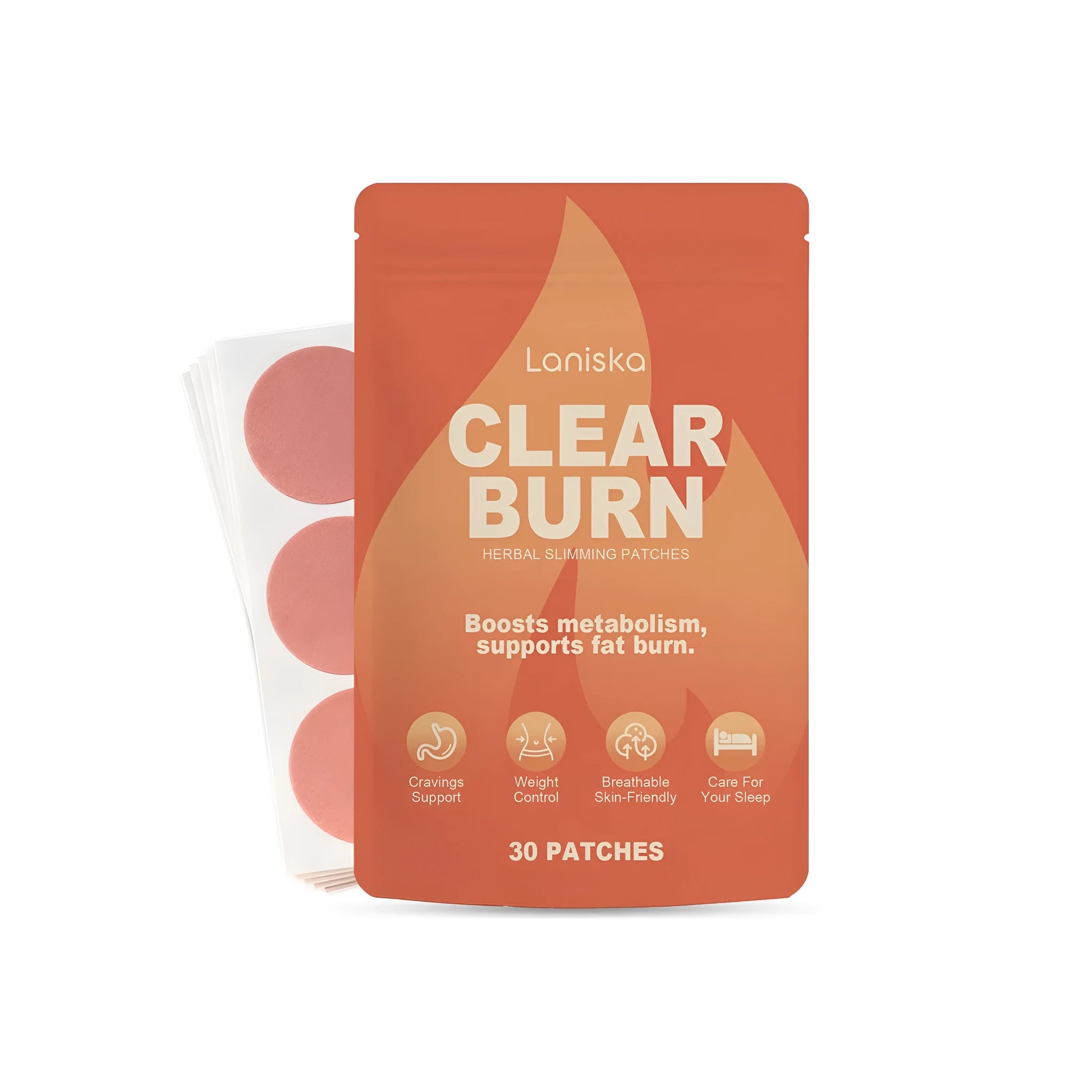 Pack of 30 herbal slimming patches with rose oil and cinnamon active ingredients in water-based adhesive