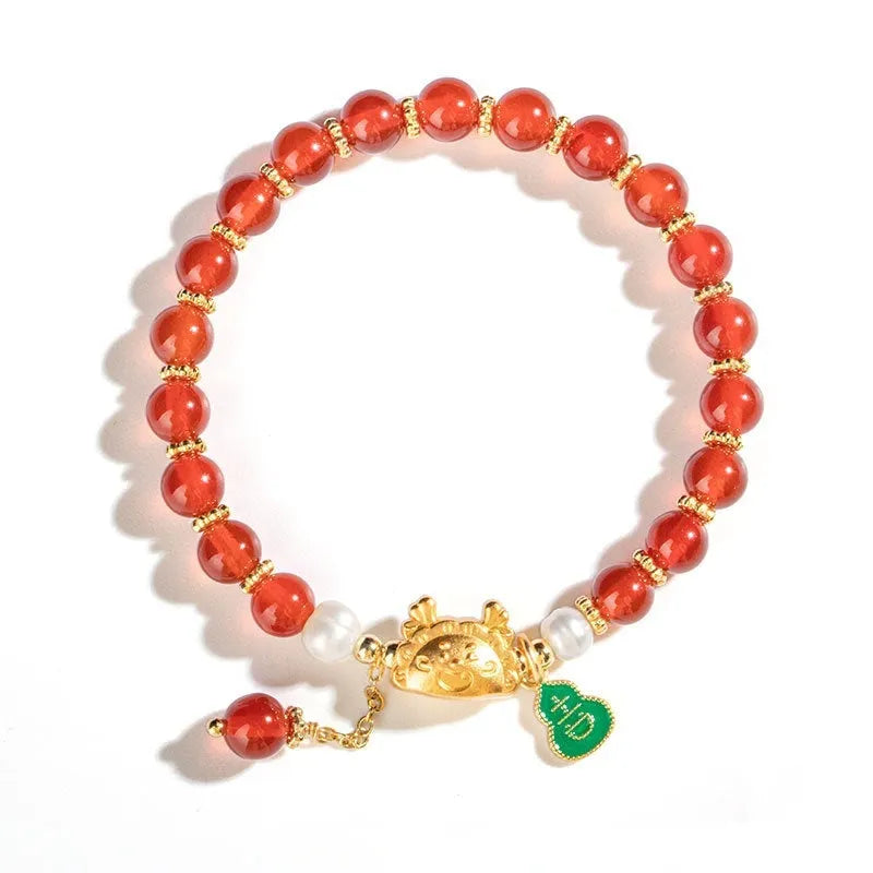 Handmade natural agate bracelet with dragon zodiac charm and 8mm round beads.