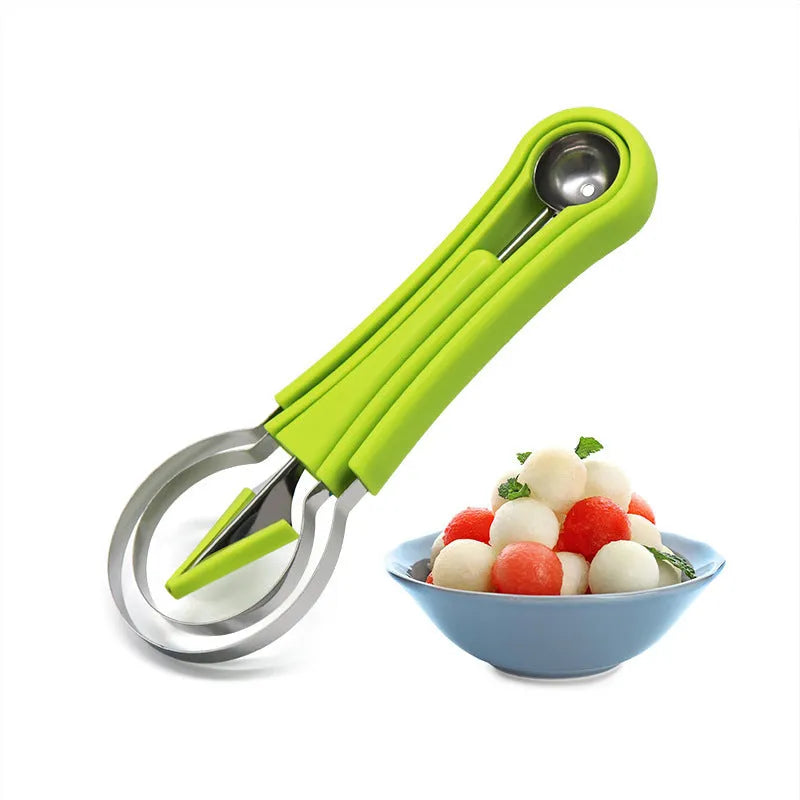 Three-in-one stainless steel fruit ball excavator with large and small scoops, green and blue PP handles