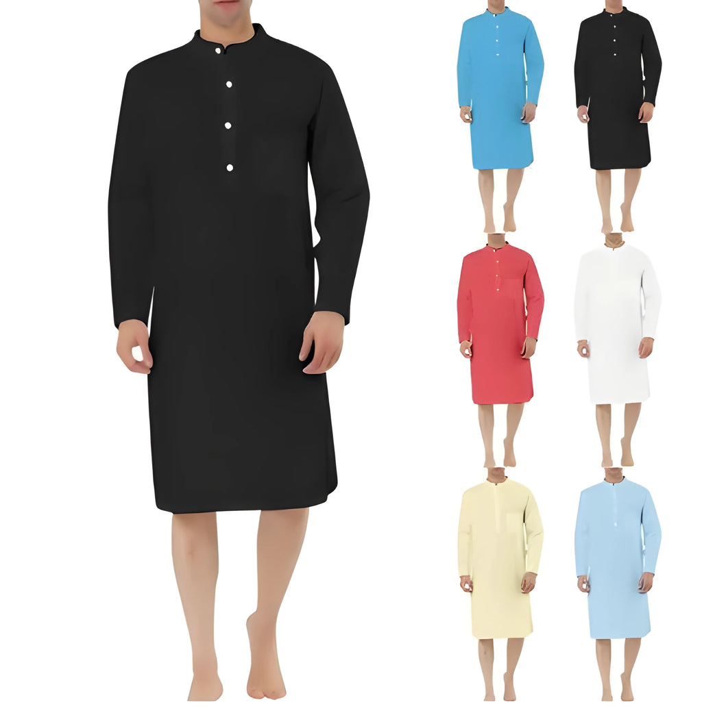 A man wearing a dark blue cotton shirt-style full-length robe for loungewear.