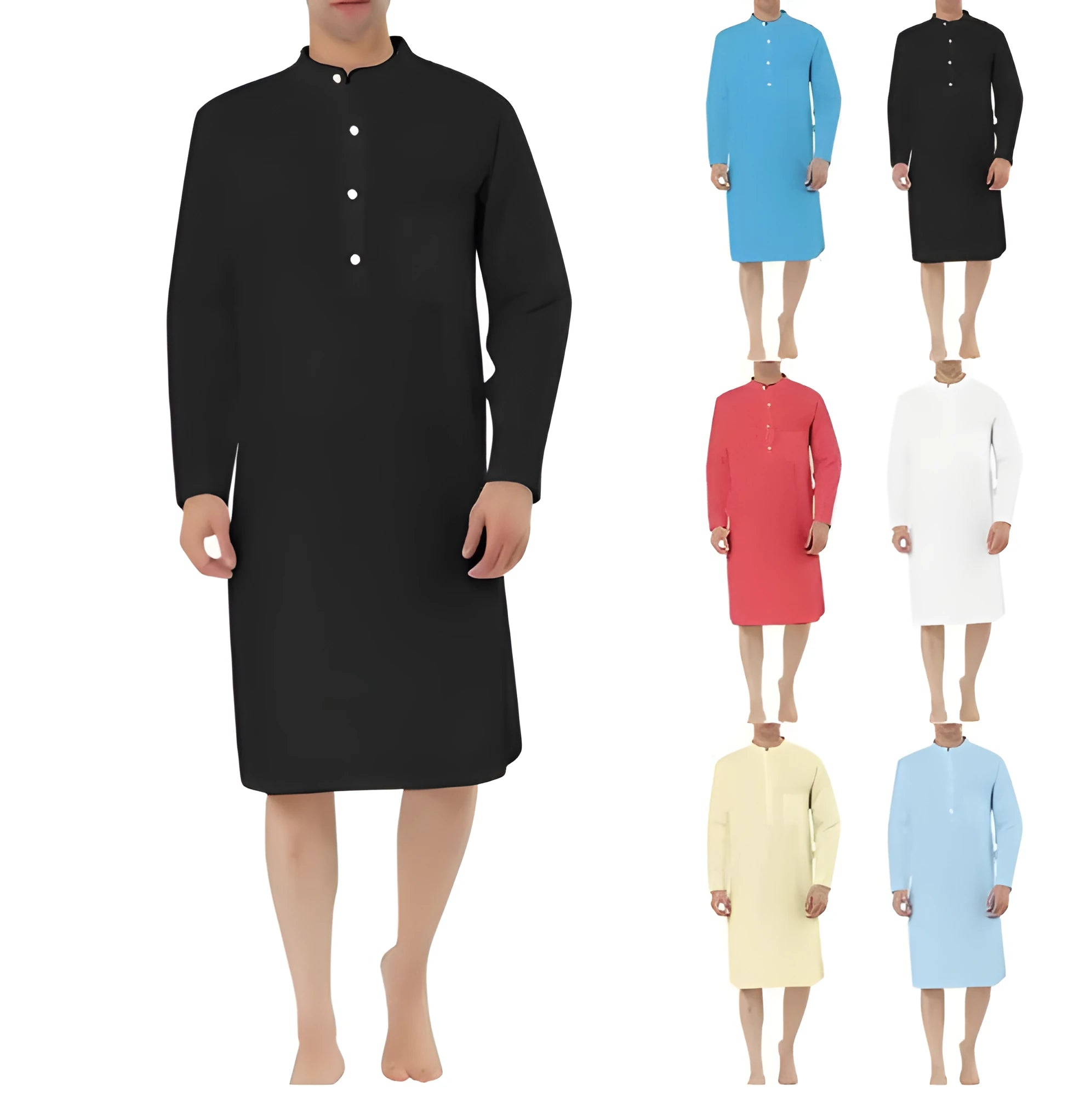 A man wearing a dark blue cotton shirt-style full-length robe for loungewear.