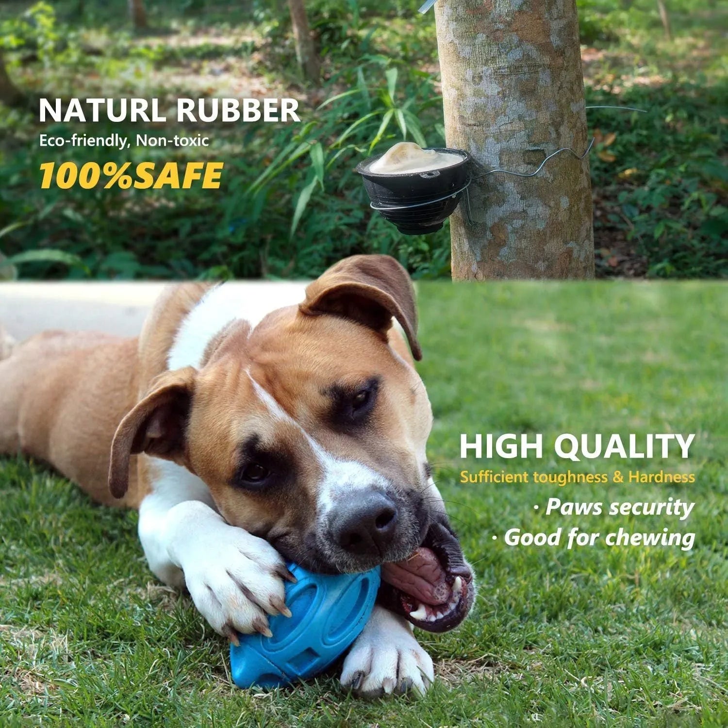 Blue, green, and orange squeaky rubber dog ball with surface grooves for aggressive chewers