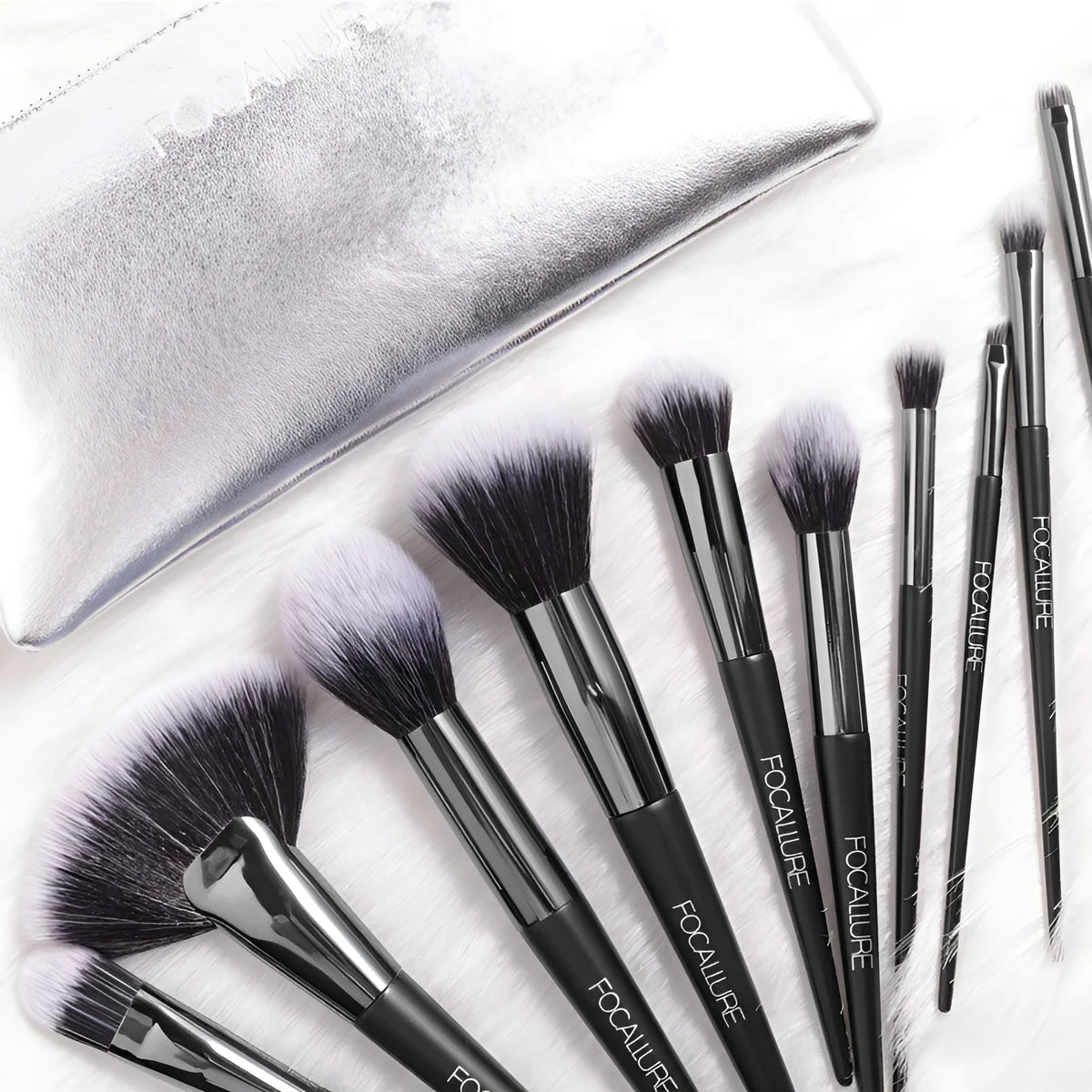 10-piece makeup brush set with artificial fibre heads, aluminium handles, powder and eyeshadow brushes, and a PU bag