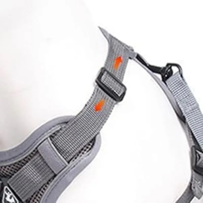 Grey adjustable cat chest harness and leash made from soft mesh with reflective strips.